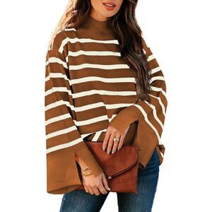 Bell Sleeve Mock Neck Brown and White Striped Sweater Sz L
